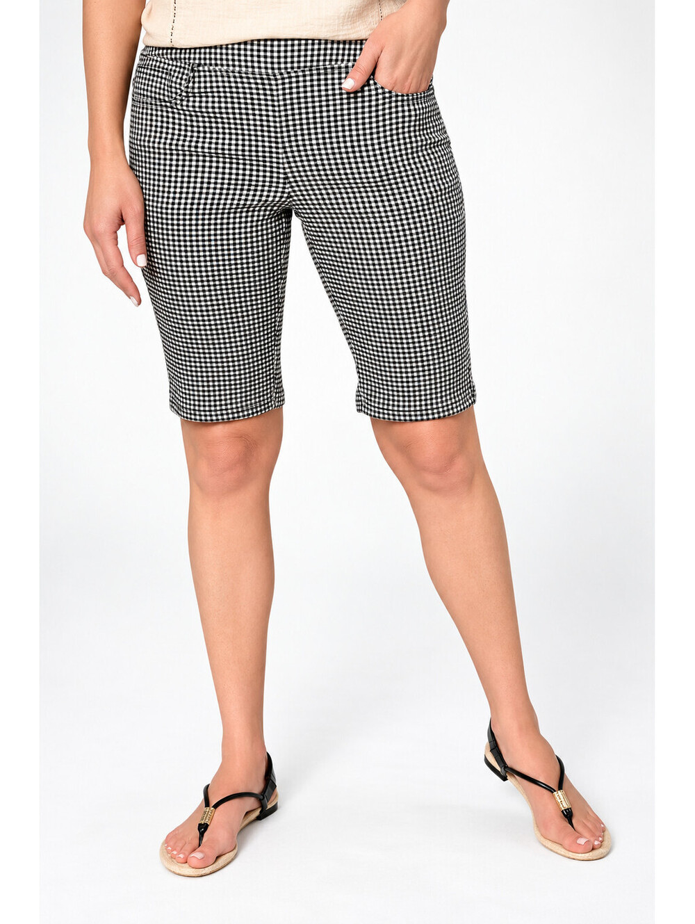 Belle by Kim Gravel Stretch Gingham Flat Front Pull On Bermuda Short Black, 32